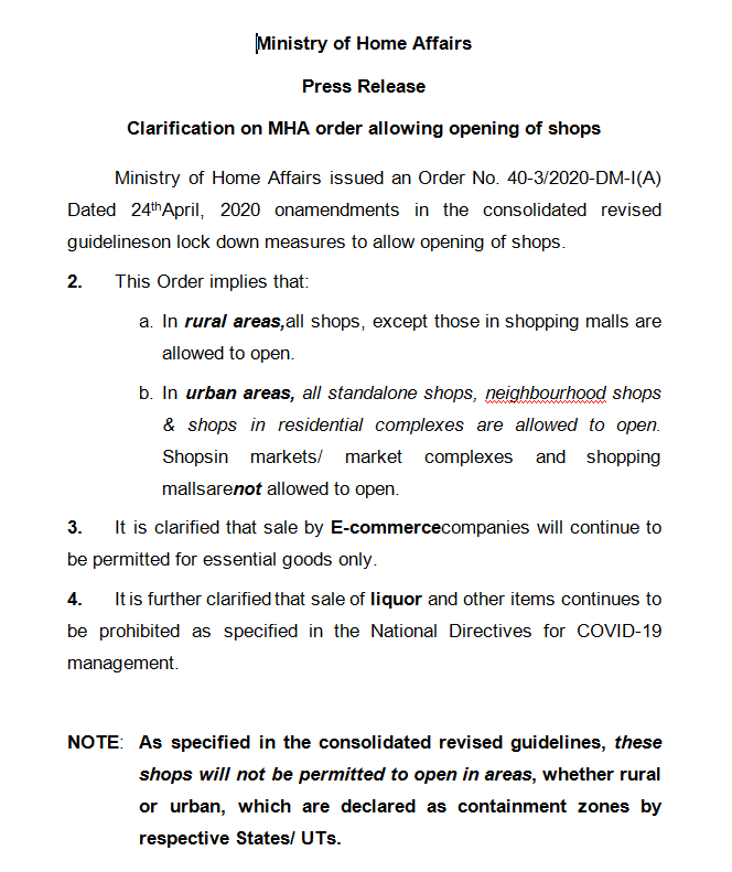 MHA issues clarification on order allowing the opening of shops